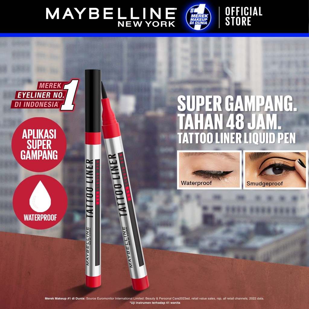 MAYBELLINE OFFICIAL Tattoo Liner 48H Liquid Pen Eyeliner Waterproof Make up Line Tattoo High Impact Tahan Lama 48 Jam Hitam Superstay Matte Vinyl Ink