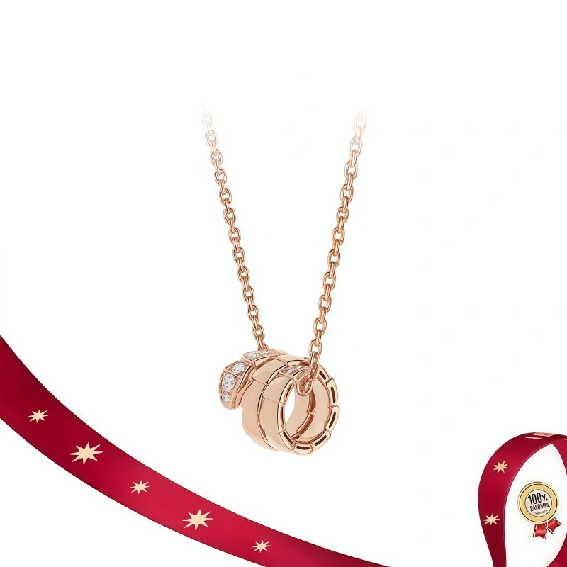 BVLGARI women's 18K rose gold circular double-ring necklace 100% genuine product