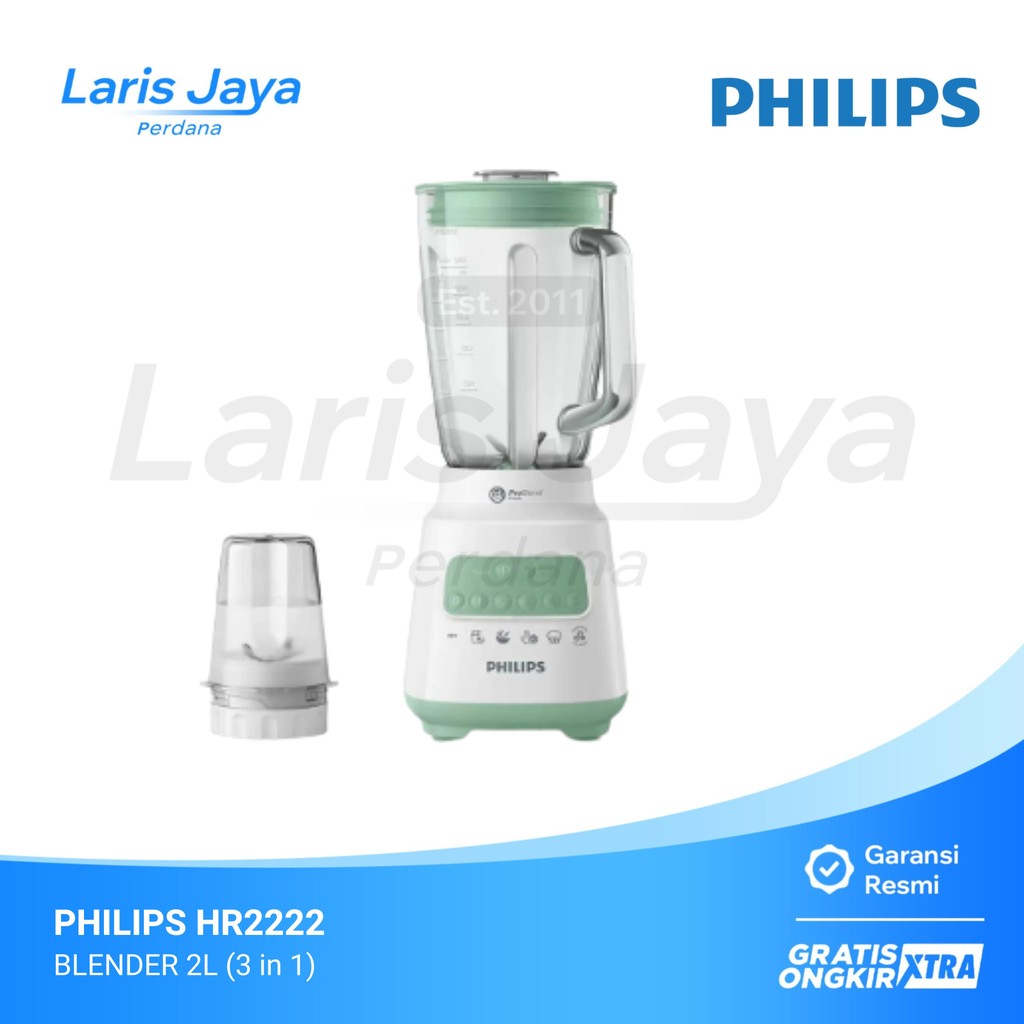 Blender Philips HR-2222, 2 Liter Kaca, Penghancur Es untuk Jus & Bumbu (3 in 1)