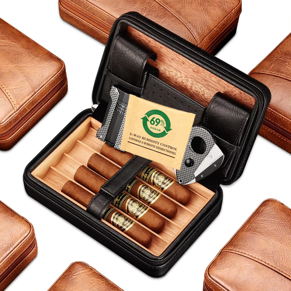 GALINER Leather Cigar Humidor With Carbon Fiber Cigar Lighter Cutter Set Portable Cedar Wood Cigar C