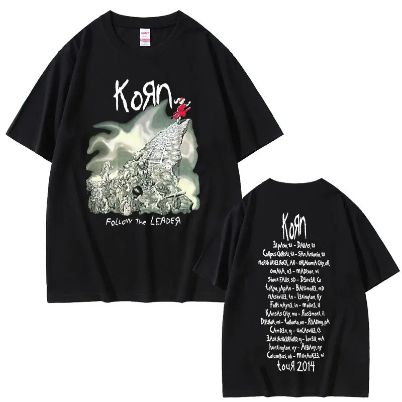 Mode Korn Rock Band Follow The Leader Tour Kaos Pria Vintage Grafis Kaos Pria Wanita Metal Gothic Ha
