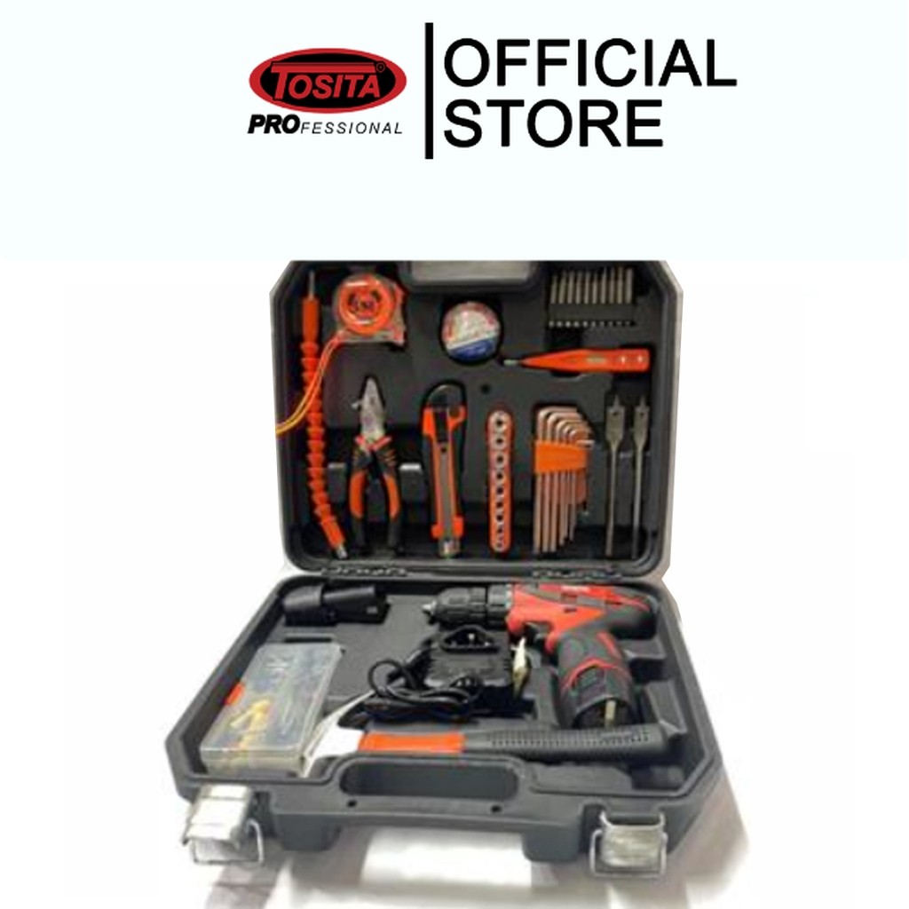 TOSITA - Bor Cordless Drill 46 Set Pcs Kemasan Koper, Bor Baterai Lengkap