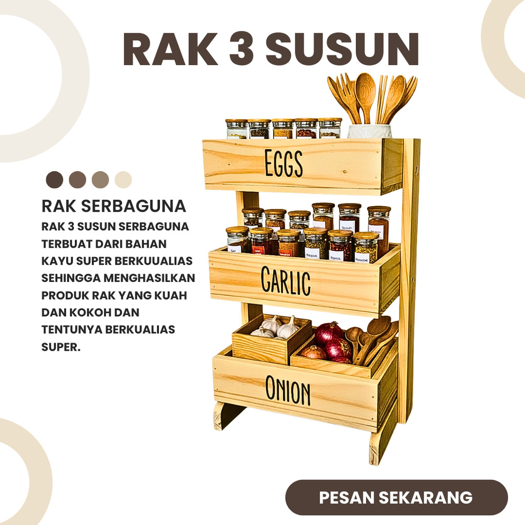 Rak bawang kayu 3 susun / Rak dapur / Rak kosmetik/ Rak perkakas/ Rak bawang