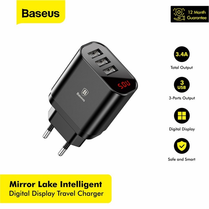 Charger Baseus Mirror Lake Intelligent Digital 3 Port USB Type A 3,4A