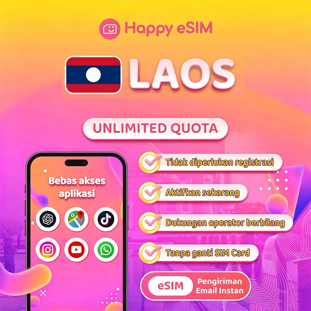 Happyesim eSIM Laos Unlimited Data 3GB-20GB Internet Langsung Aktif