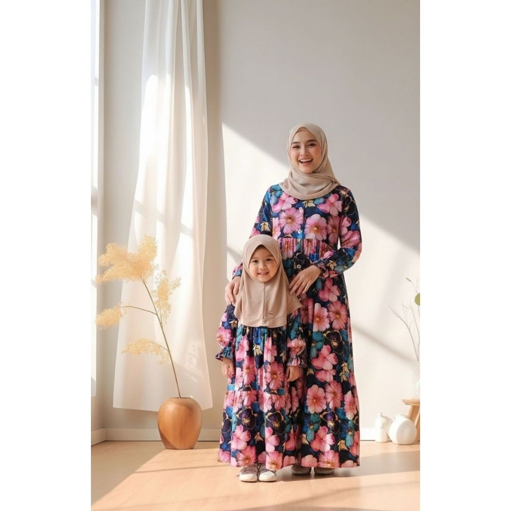 GAMIS LEBARAN GAMIS COUPLE IBU & ANAK GAMIS BAHAN RAYON PREMIUM MOTIF BUNGA