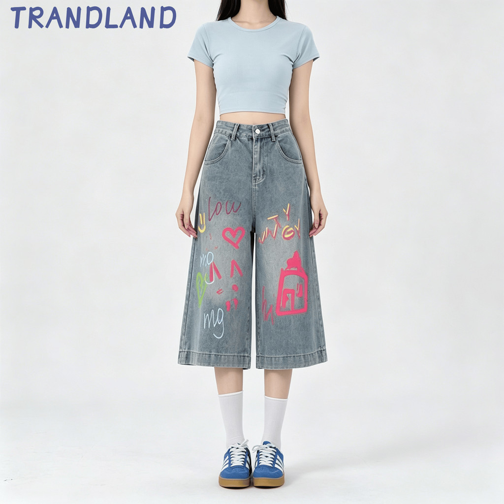 TRANDLAND Celana Pendek Jeans Wanita Kulot Pinggang Tinggi Print Grafiti Warna-warni Gaya Korea Stre