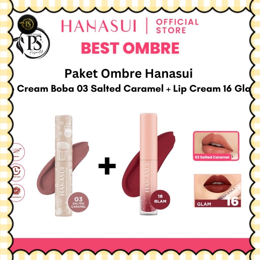 Paket Ombre Hanasui Lip Cream Boba 03 Salted Caramel dan 16 Glam | Ombre Lip Cream