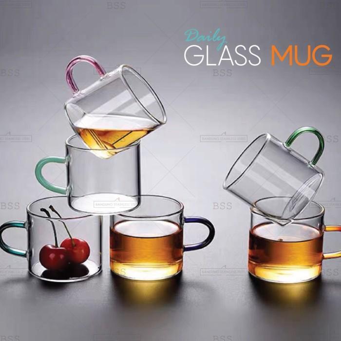 Borosilicate Mini Tea Cup 100ml Cangkir Gelas Teh Kecil Kaca Pegangan - Hijau - 100ml - Gelas Cangki