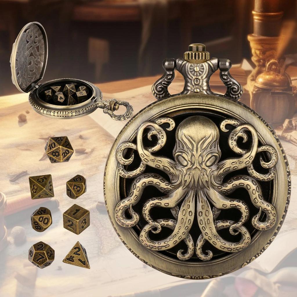 1pcs Octopus Pocket Watch Case ce Set , 7 Pcs Polyhedral Metal DND ce, D&D Gifts, Roleplaying Board 