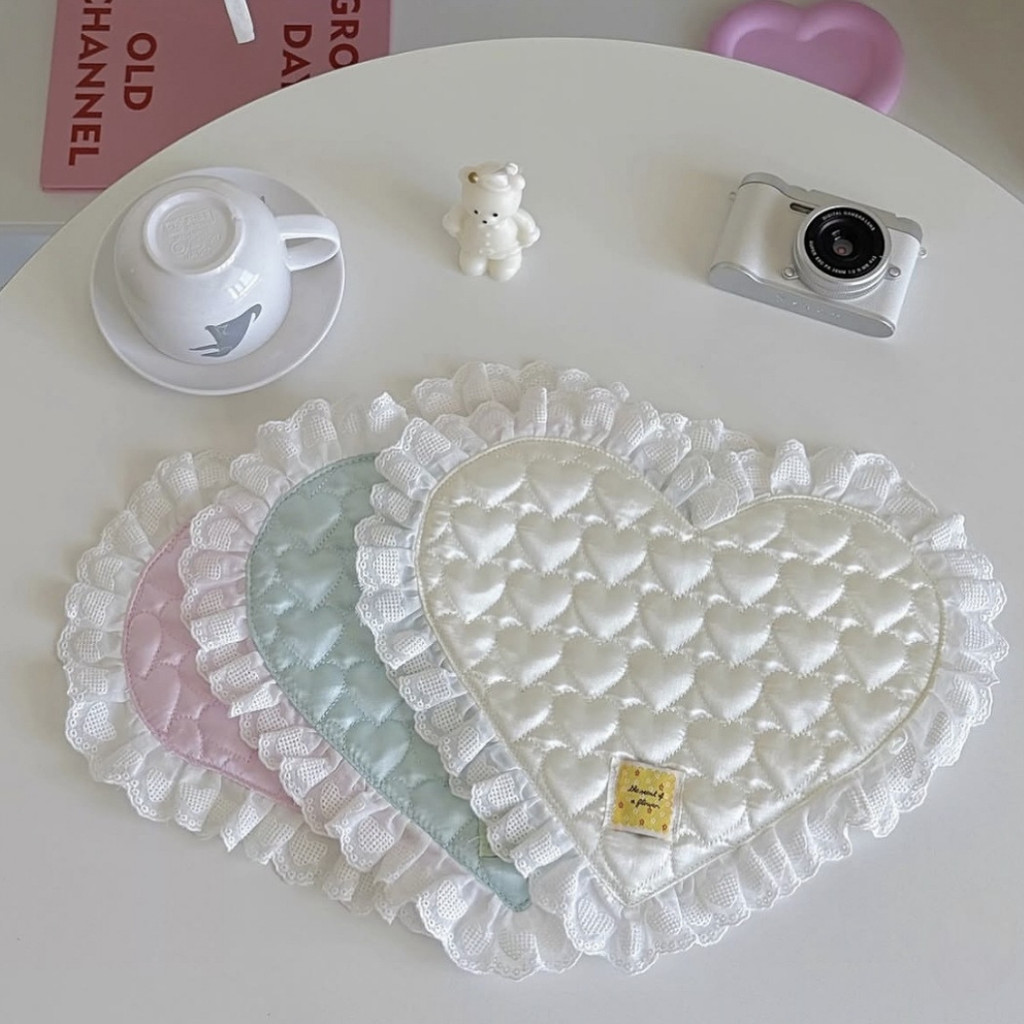 [siggi] HEART Tatakan Gelas Kain Satin Lace Aesthetic / Korean Fabric Placemat Alas Meja Makan
