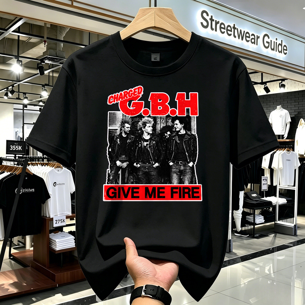 Kaos Band Charged GBH Give Me Fire Kaos Vintage American Style T Shirt Unisex Oversized T Shirt Pria