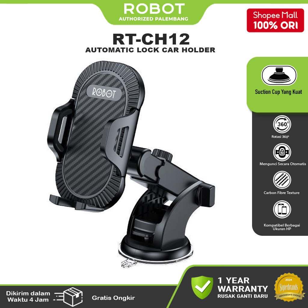 ROBOT Car Holder HP Mobil / Phone Holder Dashboard & Kaca Auto Lock Suction Cup Kuat Anti Goyang 360