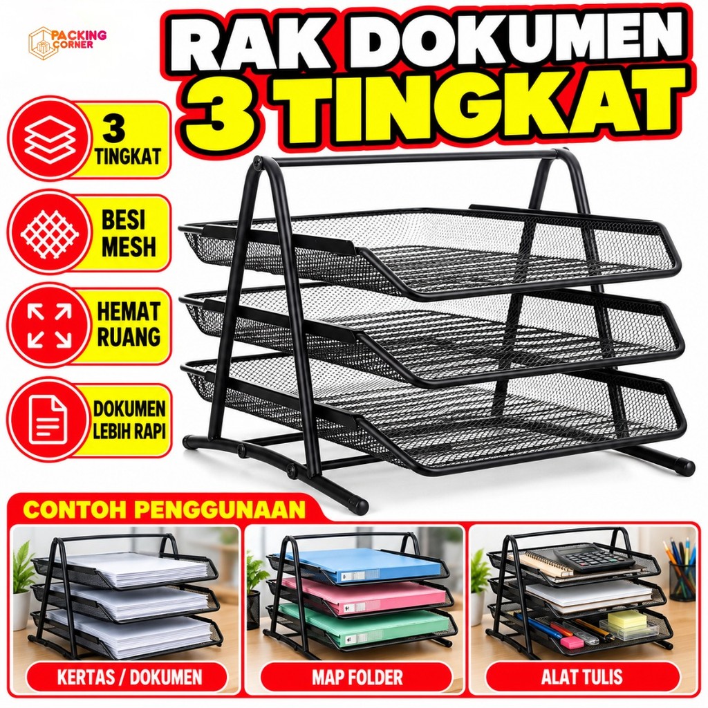 Rak Dokumen Kertas 3 Susun Tray Besi Desk Paper File Document Storage 3 Tier Elevated Letter