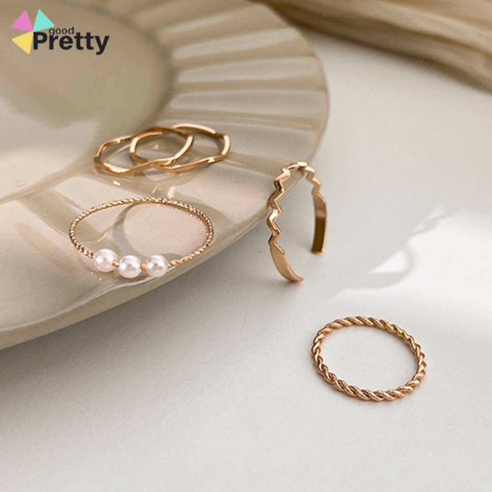 COD 5 Set Cincin Titanium Wanita Anti Karat  Mutiara Cincin bergelombang sederhana cincin kepribadia