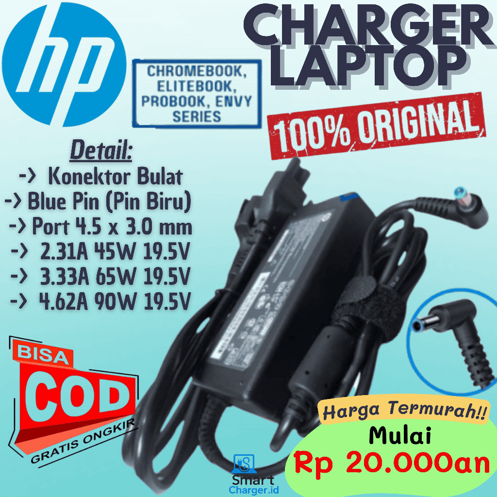 Adaptor Charger Laptop HP Pin Biru 4.5x3.0mm ORIGINAL
