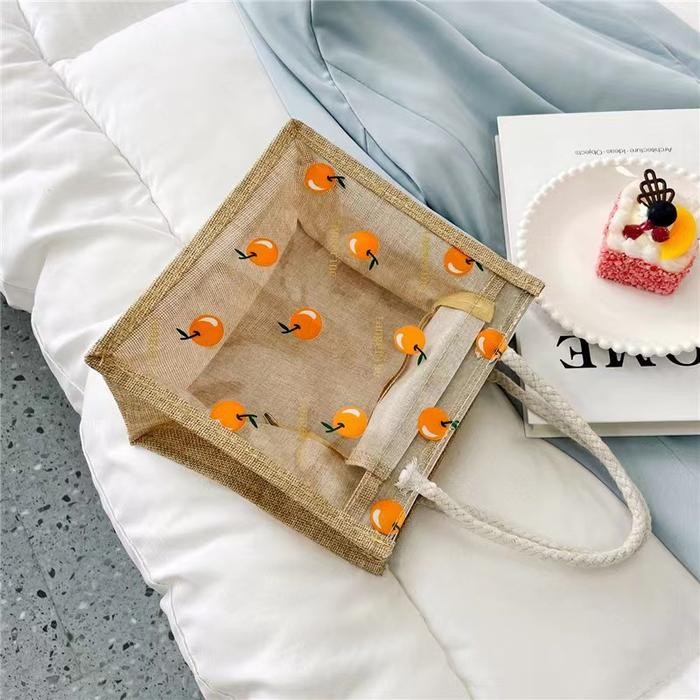 Tote Bag Kanvas Transparnt/Shoulder Bag Top Handle Tas Bahu Vintage Korean Plastik Wanita Totebag  C