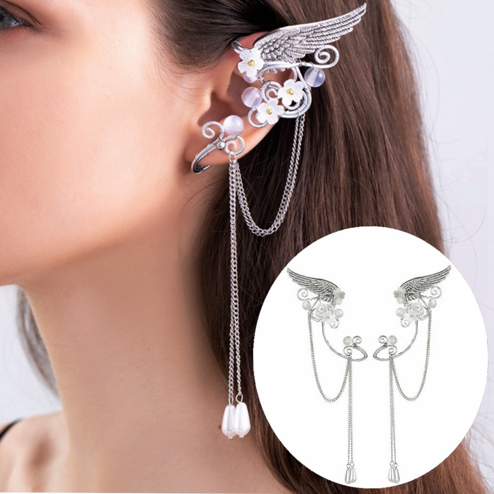 Charm Fairy Long Tassel Elf Ear Cuff Wrap Wings Resin Flowers No Piercing Elven Clip On Earrings For