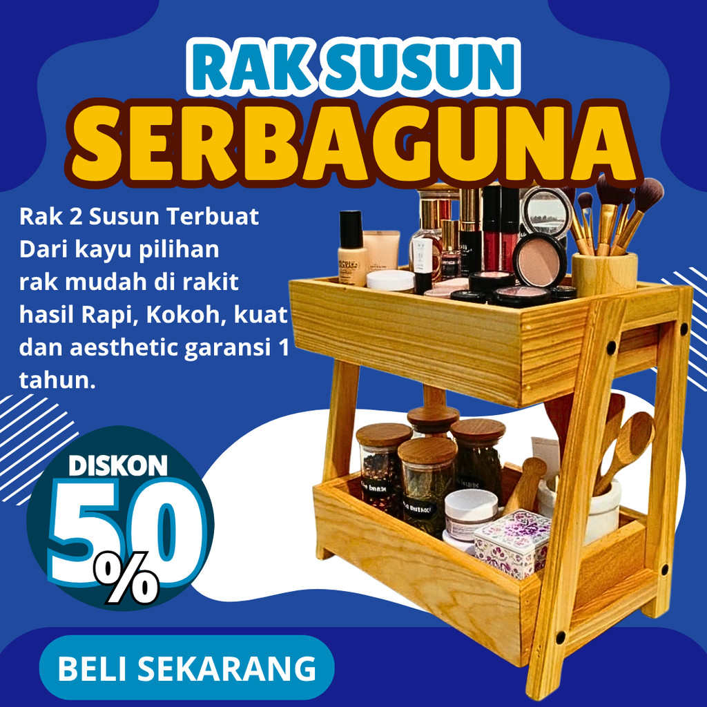 Rak Kayu Serbaguna Susun 2 Rak Skincare Rak Perkakas Minimalis