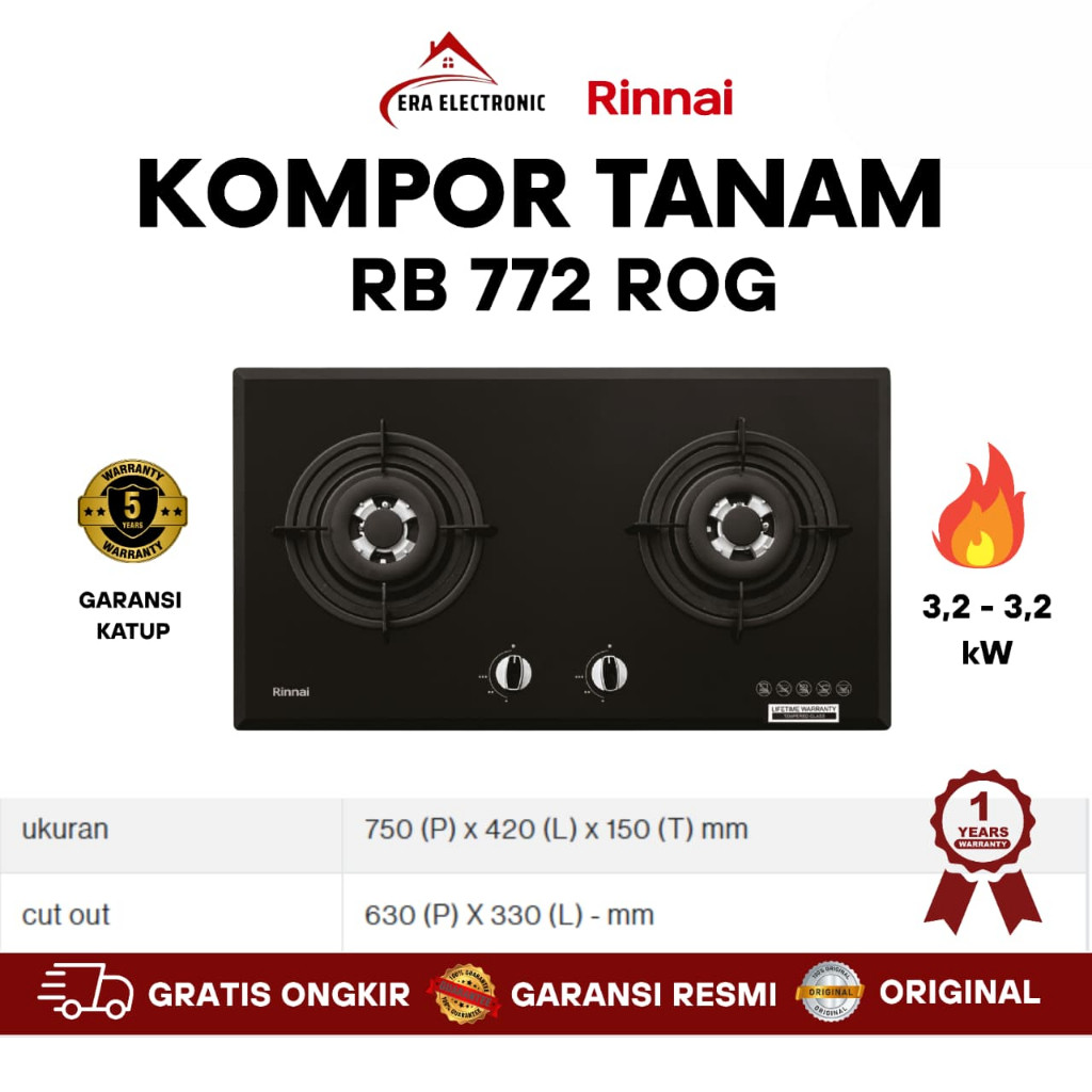 Kompor Tanam 2 Tungku Rinnai RB 772 ROG / Kompor Tanam Rinnai RB772ROG