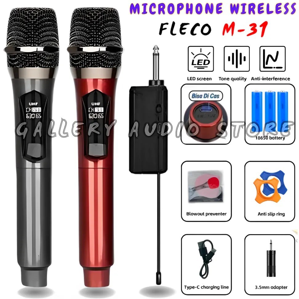 Terlaris COD~Microfon Wireless Profesional FLECO M-31/M-31S Double Mic Wireles Jack Besar Include Ad