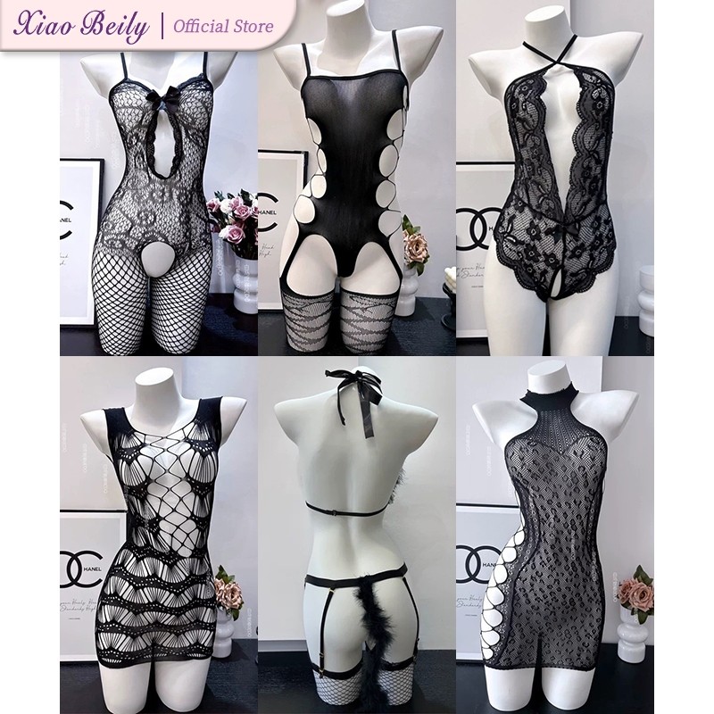 XiaoBeily Seksi Lingerie Fishnet Terbuka Crotch Bodysuit Stockings Nighties Seks Gaun Jumpsuit Untuk