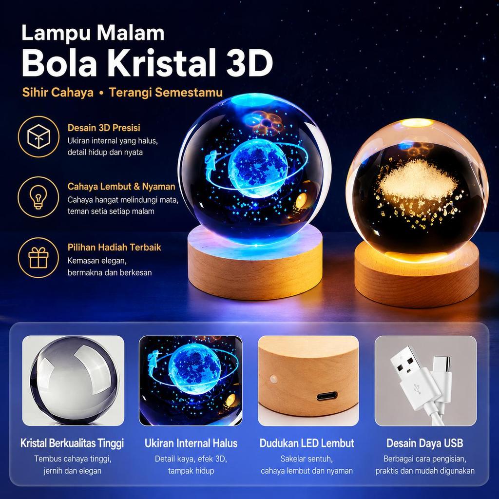 Lampu Tidur Bola Kristal 3D LED USB Aesthetic Dekorasi Kamar Hadiah Unik Premium COD Bayar di Tempat