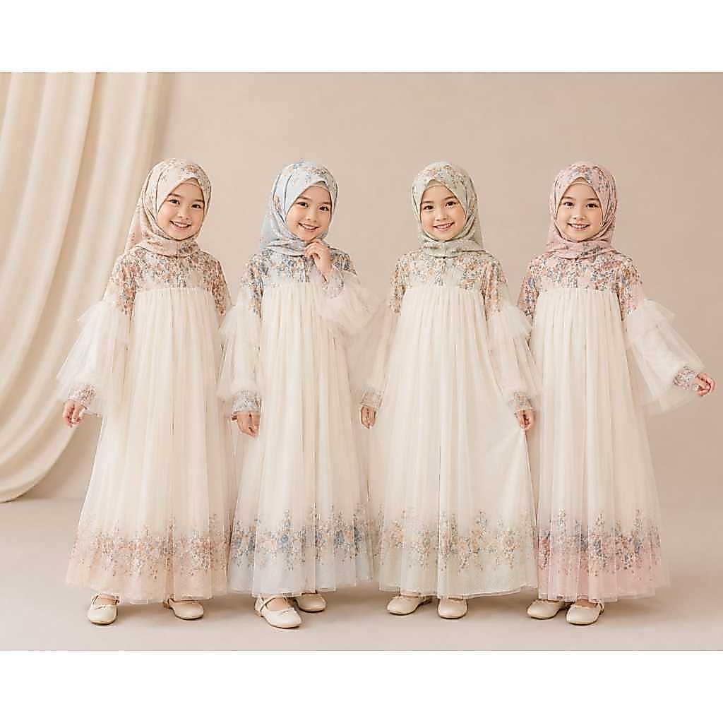 Gelmor - Gamis Anak - Anak Series Mix Ceruty & Tile Mewah / Dress Kondangan Lengan Ruffle Bertingkat
