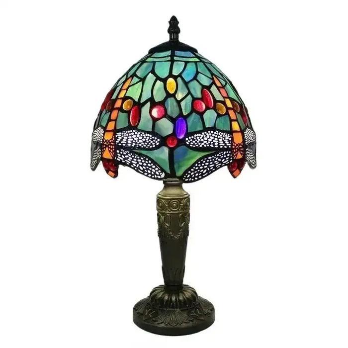 Lampu Meja Kaca Patri Tiffany Motif Capung & Bunga Vintage Lampu Hias Romantis Elegan
