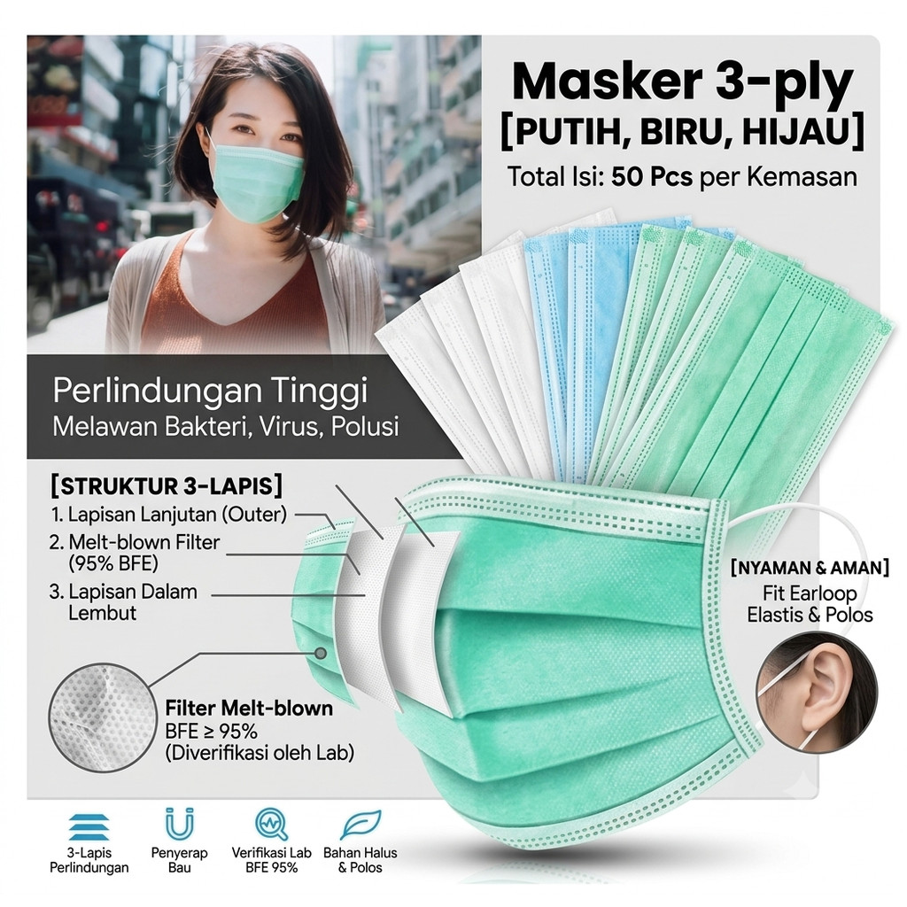GROSIR Masker 3 ply 3ply isi 50 Green Edition HIJAU BIRU PUTIH Earloop Medis Grade FDA