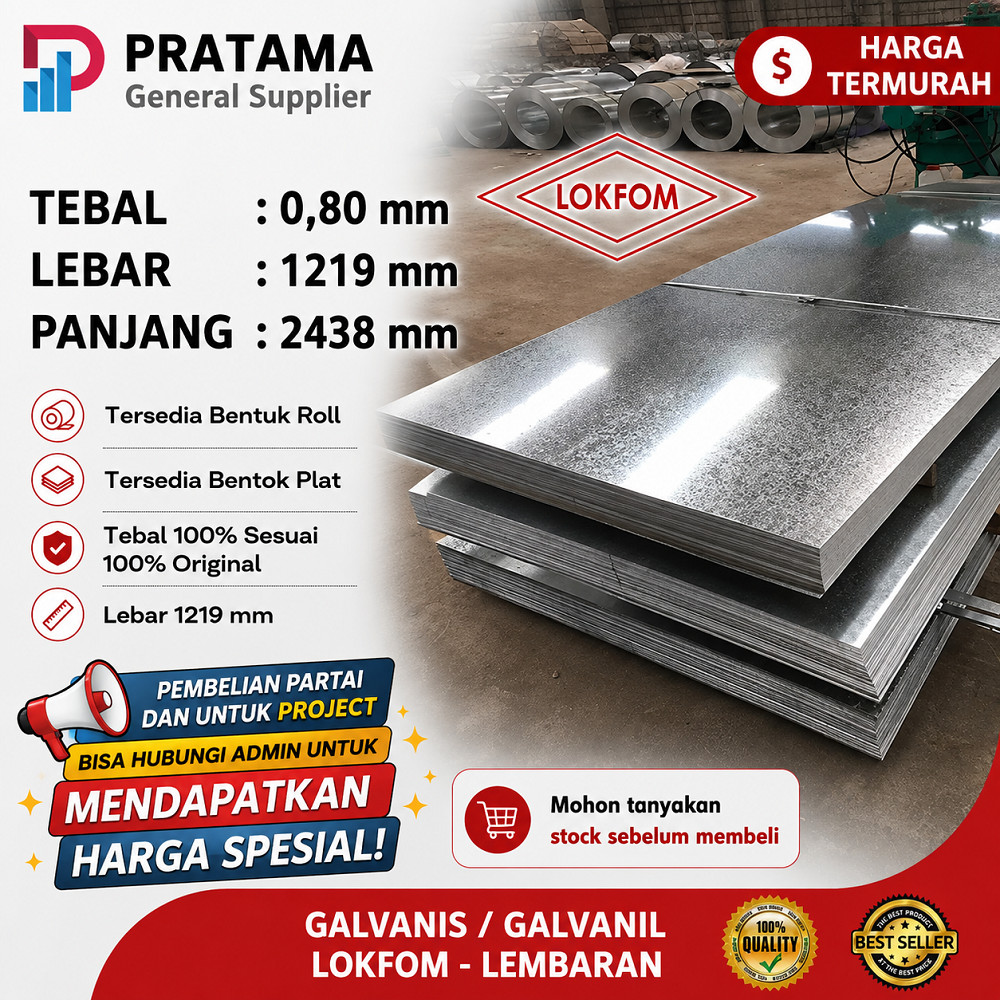 Seng Galvanis BJLS Lokfom Lembaran Plat Galvanis 0.80mm pengiriman surabaya 1.20 x 2.40m