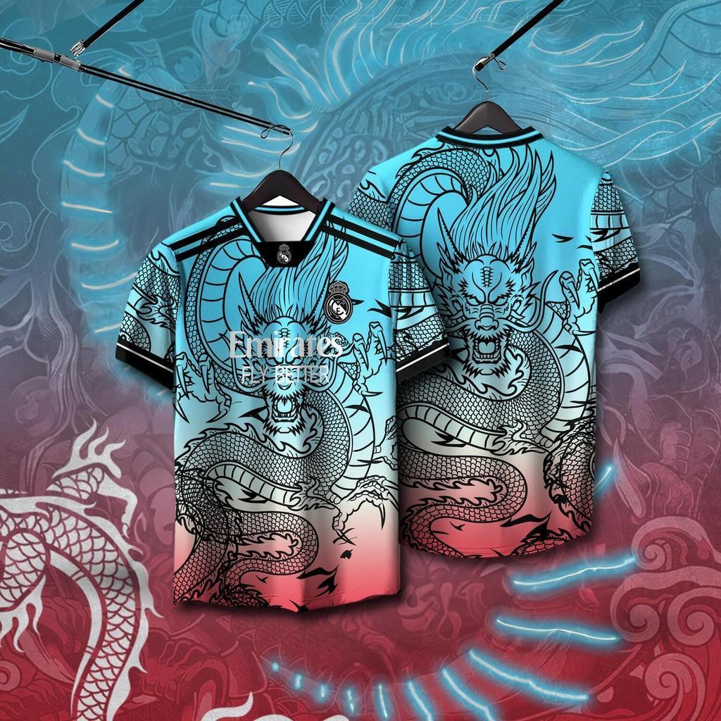 Jersey Sepak Bola Real Madrid Motif Naga Tiongkok Gradasi Biru Merah
