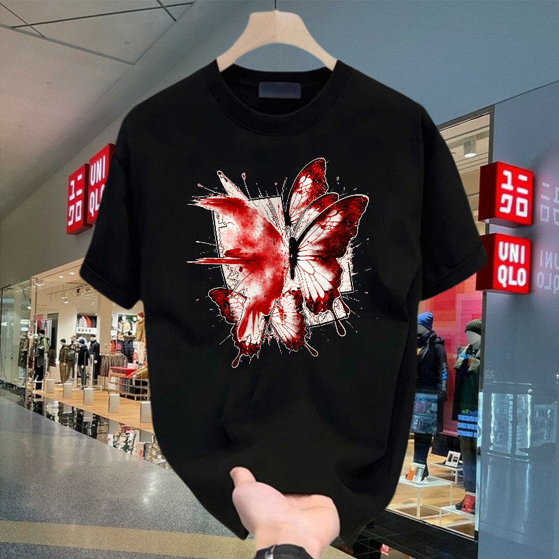 Kaos Metal Kupu-Kupu Abstrak Merah Artistik, Unisex Tshirt Oversize Tshirt, Kaos Casual 100% Cotton 