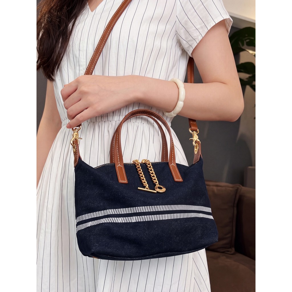 Tas Longchamp Wanita Denim Motif Garis, Kapasitas Besar, Tangan & Selempang