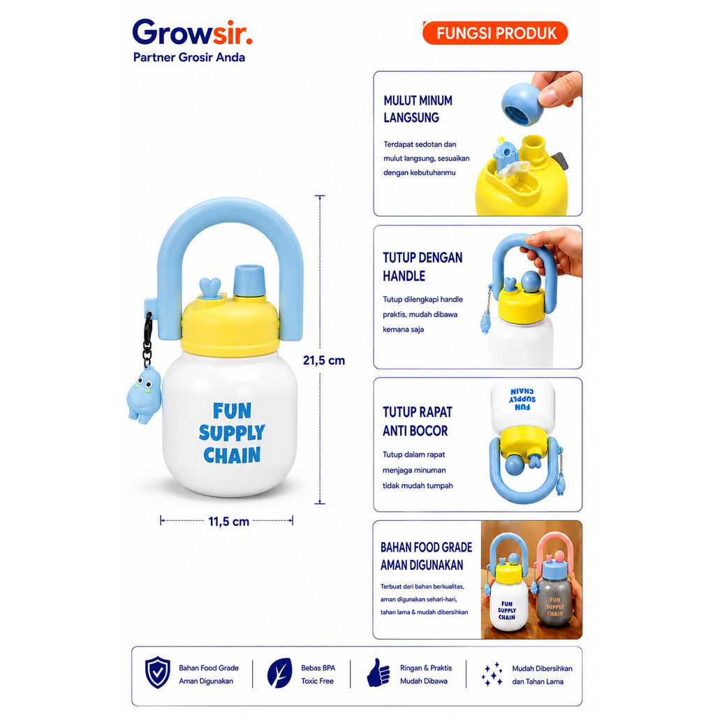GROWSIR Botol Minum Infuser Buah Lucu 850ml Sedotan Saringan | Tumbler Anak Lucu Anti Bocor BPA FREE