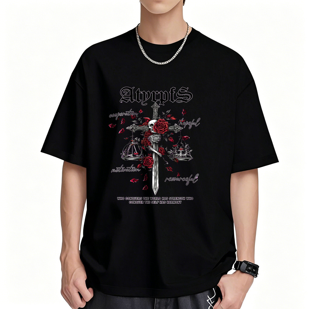 Kaos Pria Distro Original Kaos Lengan Pendek Warna Putih Motif Gothic Pedang Bunga Mawar Dan Timbang