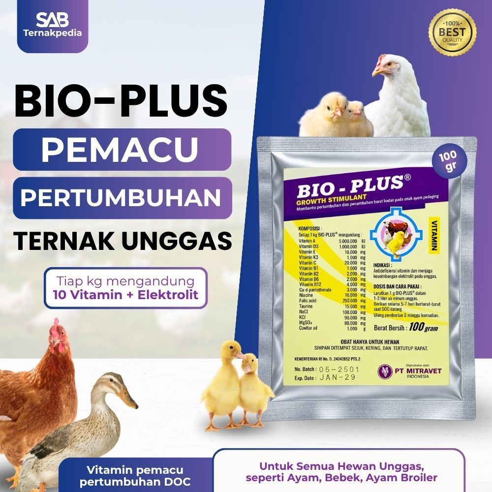 BIO PLUS 100 GRAM Pemacu Pertumbuhan & Berat Badan Anak Ayam Bebek Doc Broiler - Vitamin DOC Anak Ay