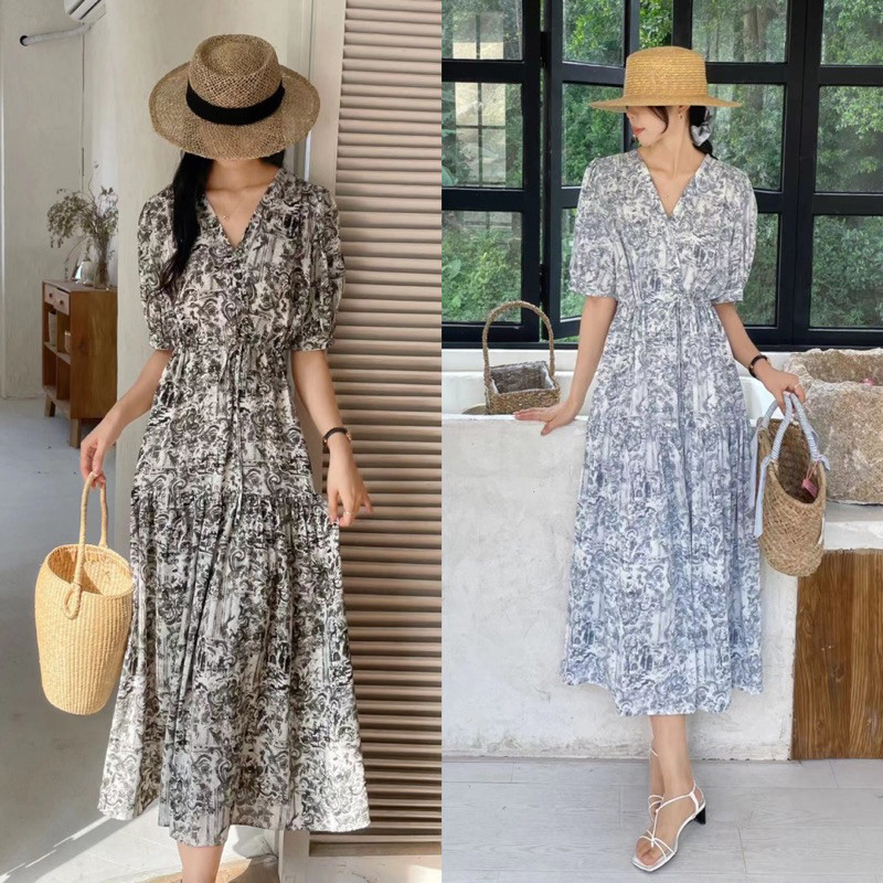 D1299 BONINO KOREAN STYLE FLORAL VINTAGE MIDI DRESS PANTAI VNECK