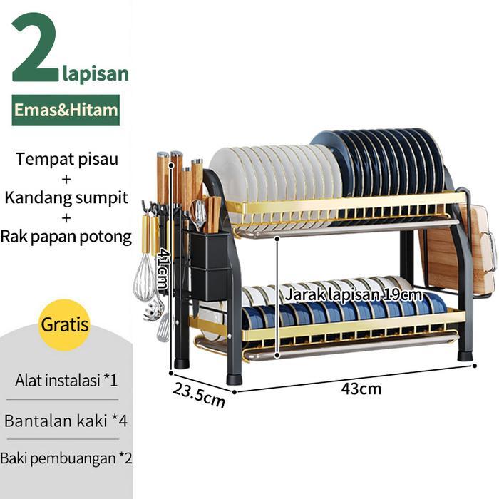 PROMO  Rak piring stainless dapur rak cuci piring rak penyimpanan piring - 2 SUSUN Gold-43  FLASHSAL