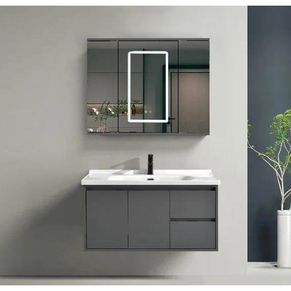 Modern waterproof bathroom vanity set ceramic sink solid wood cabinet mirror combination new walnut