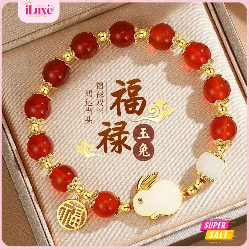 COD Gelang Batu Giok Asli Pembawa Rezeki Hoki Giok Kelinci Chindo Perhiasan Warna Merah Anti Karat