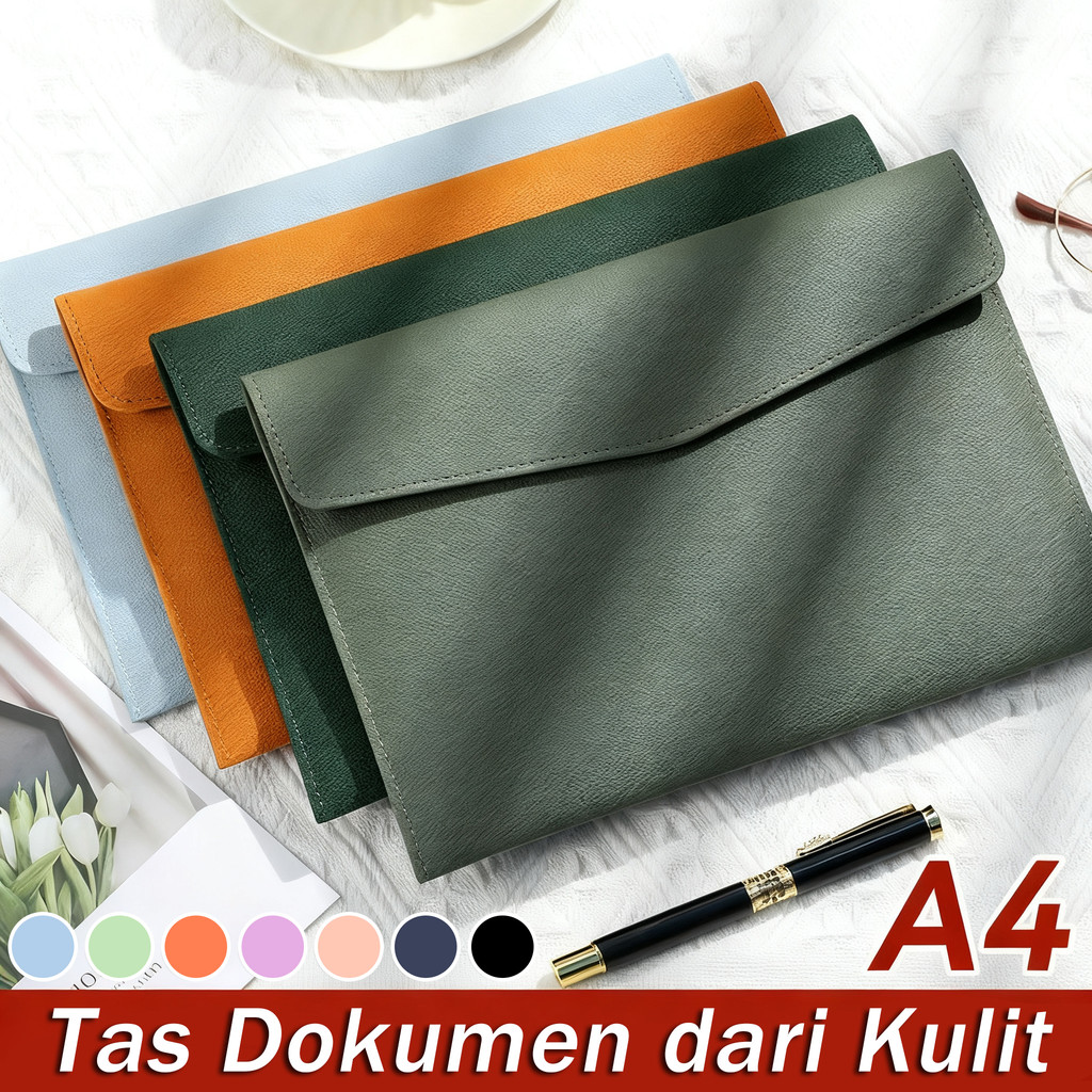 Map Dokumen Kulit A4 Tebal & Tahan Air - Tas Penyimpanan Snap Button Untuk Kantor & Bisnis