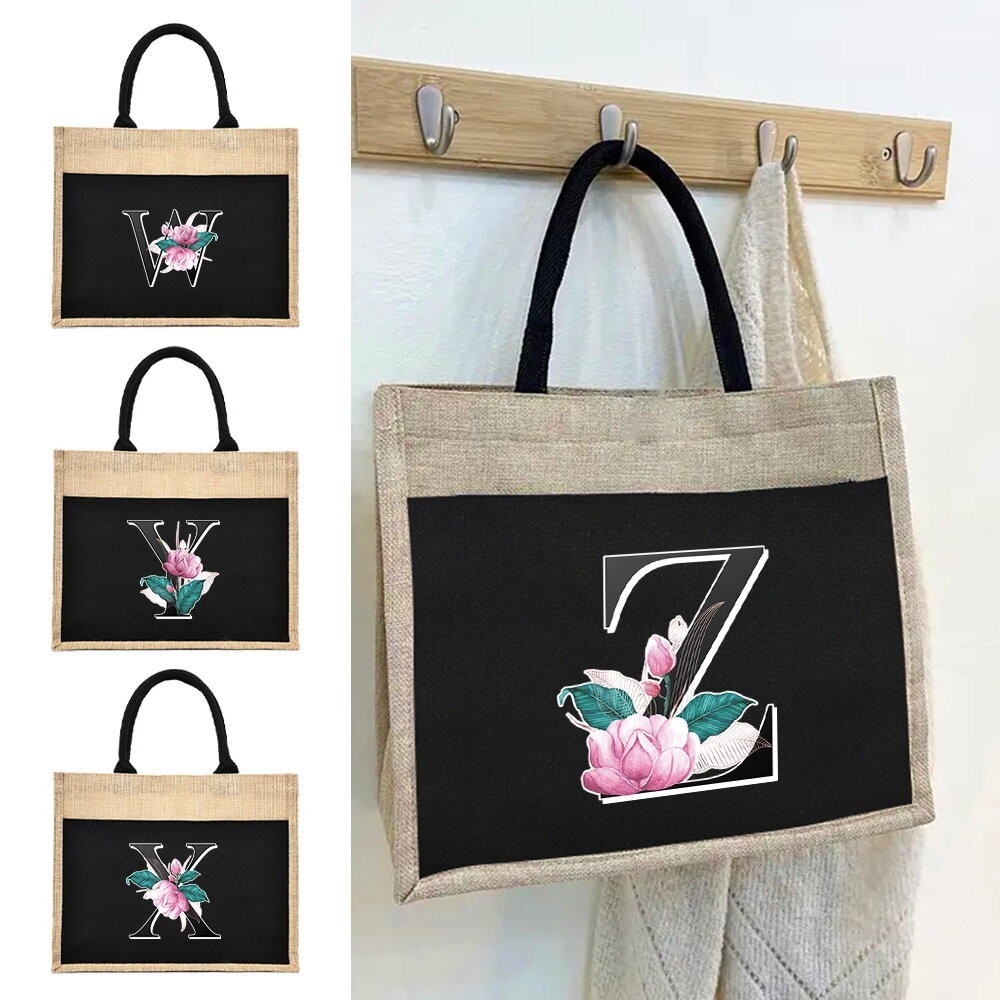 Tote bag Jute bag Women Travel Office Outer Sling Shoulder Bag Handbag Tote Beg White Marble Letters
