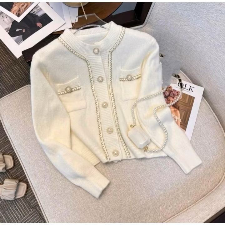 CUCI GUDANG Berkah_Sore15 CARDIGAN WOL RAJUT WANITA KNITWEAR KOREAN STYLE LIST FULL MUTIARA