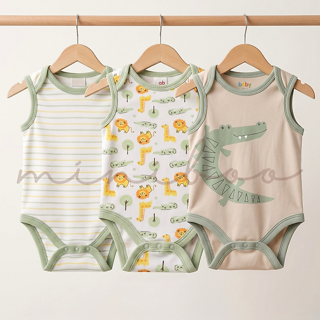 MINIBOO - Jumper Bayi Kutung 3pcs Unisex Bodysuit Sleeveless Katun Lembut 0-9bulan (3VS CROCO)