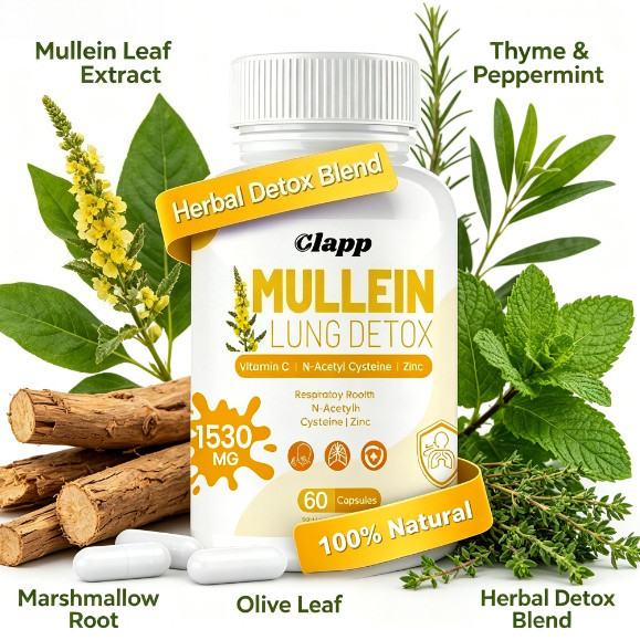 Clapp Mullein Lung Detox 1530mg 60 Capsules – Mullein, NAC, Vitamin C & Zinc, Respiratory Health Sup