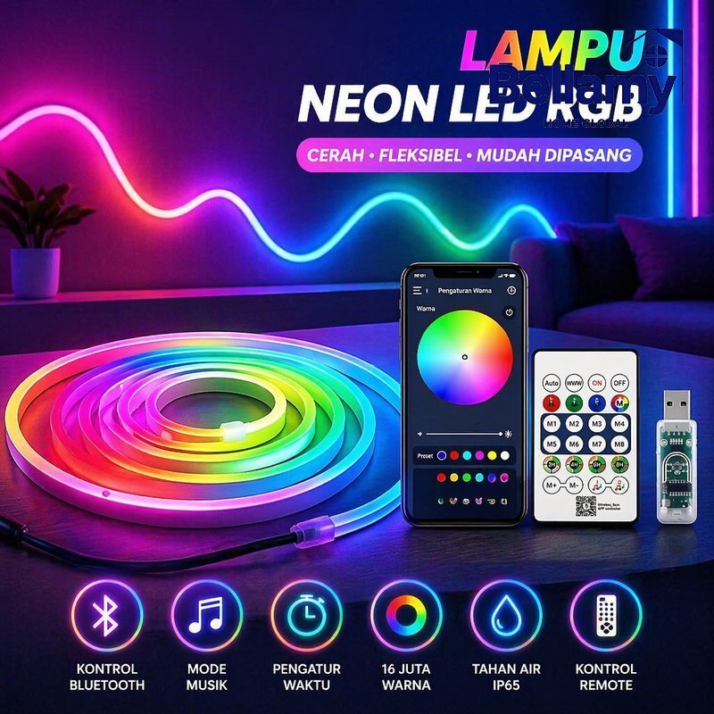 Lampu Neon Flex Led Strip Rgb Remote App Usb Tahan Air Ip68 Sensor Musik Diy Kamar