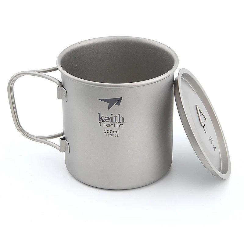 Keith Titanium Mug, Folding Handle Water Cup, Outdoor Camping Travel Hiking Drinkware Titanium Coffe