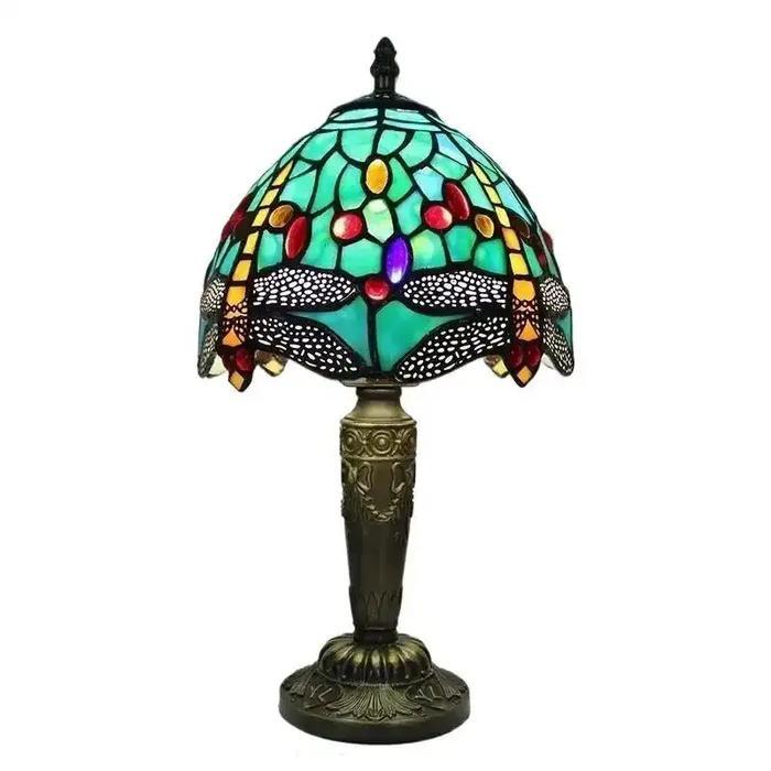 Lampu Meja Kaca Patri Tiffany Motif Capung & Bunga Pastoral Lampu Hias Vintage Romantis Elegan