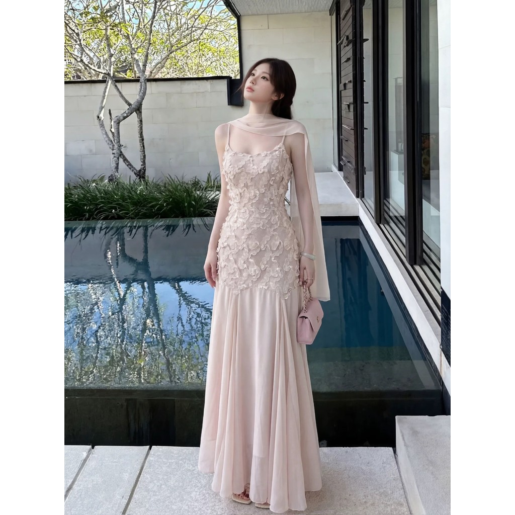 Laudofficial Mischa Dress /Dress Pesta Wanita Elegant Pastel Pink Nude Tali Kecil